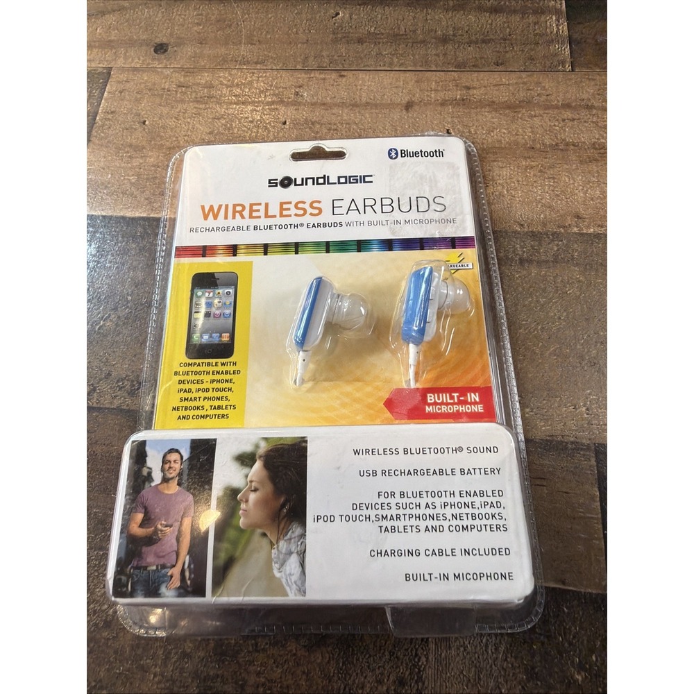 SoundLogic Wireless Earbuds Rechargeable Bluetooth Headphones Built-In Mic Blue